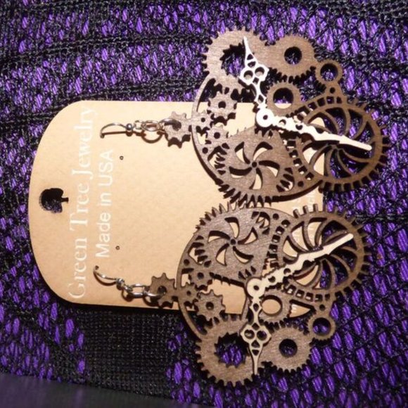 GOTH STEAMPUNK GREEN TREE KINETIC PLANETARY NECKLACE AND CLOCK WOOD EARRINGS - Picture 3 of 14